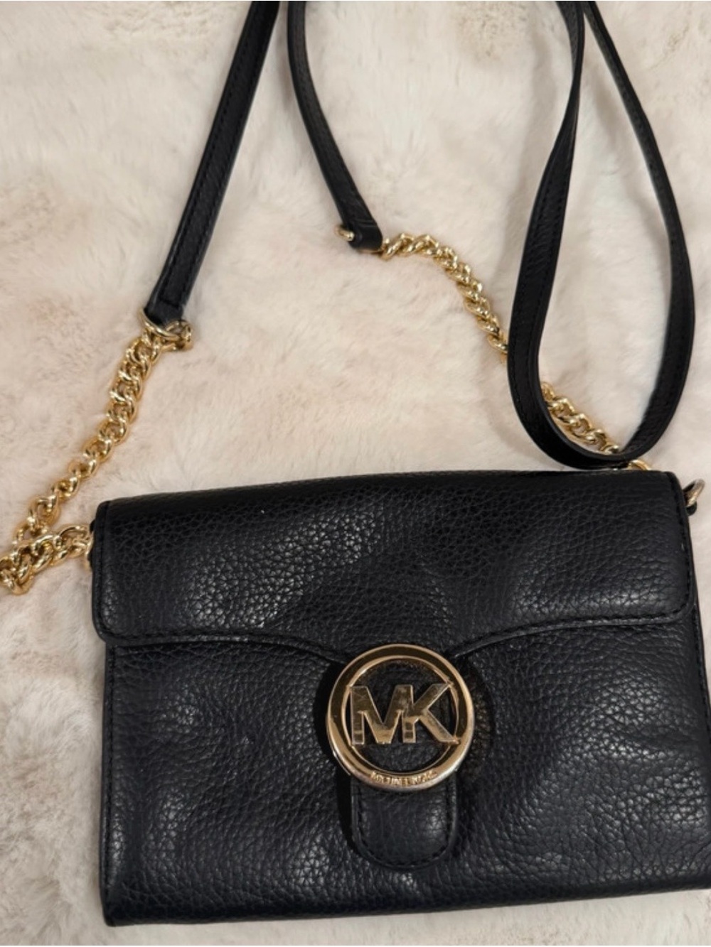 Michael Kors Black Pebbled Leather Crossbody with Gold MK Medallion